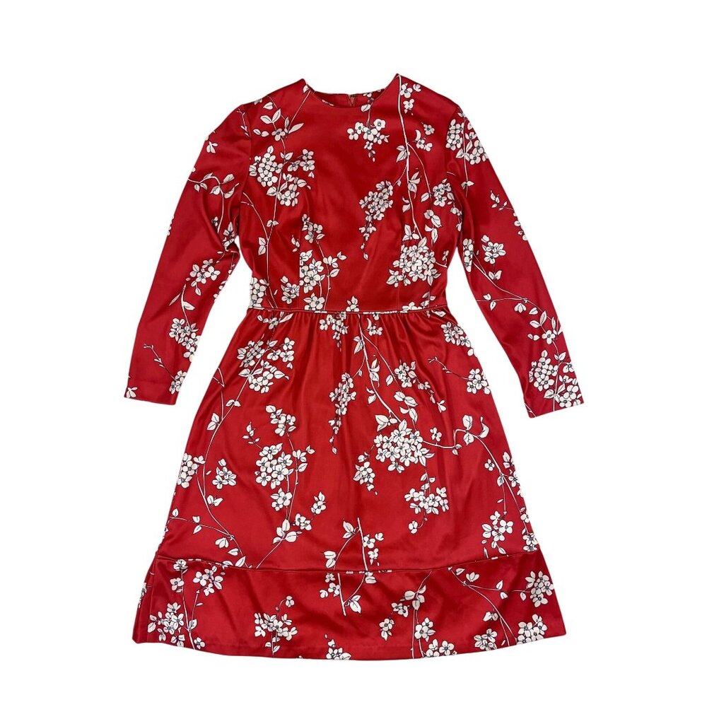 Emilio Borghese Vintage 60s Cherry Blossom Print Red Fit & Flare Dress Long S